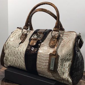 Madi Claire Brown & Beige Croco Embossed Leather Satchel